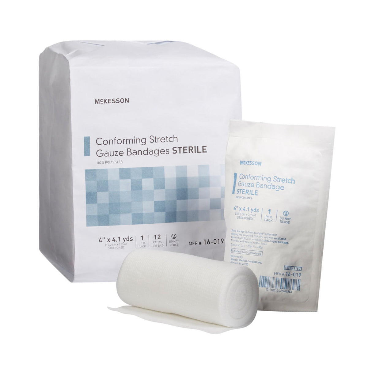 A package of McKesson Gauze Conforming Bandage, 4 in x 4.1 yds Roll, Sterile is shown with one rolled and one individually wrapped bandage in front of the larger McKesson outer packaging.