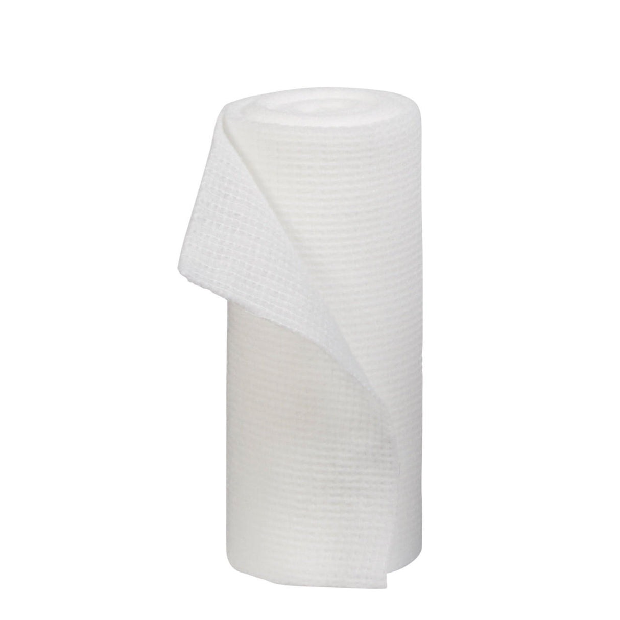 A McKesson Gauze Conforming Bandage, 4 in x 4.1 yds sterile roll, with a textured surface, is partially unrolled and stands upright on a plain white background.
