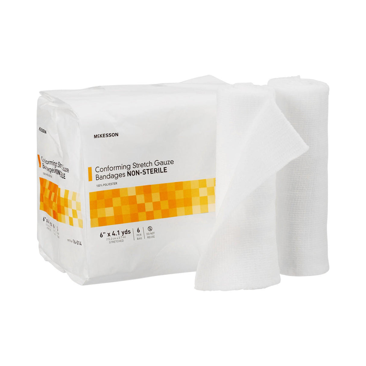 A McKesson Gauze Conforming Bandage, 6 in x 4.1 yds Non-Sterile Roll, is shown with one roll partially unrolled and another upright next to white packaging with the McKesson logo and orange/yellow accents.