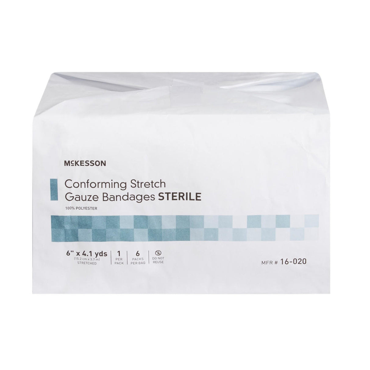 McKesson Gauze Conforming Bandage, 6 in x 4.1 yds, sterile rolls; 6 packs per box. Breathable and absorbent for comfort and protection. White packaging with blue text and checkered design.