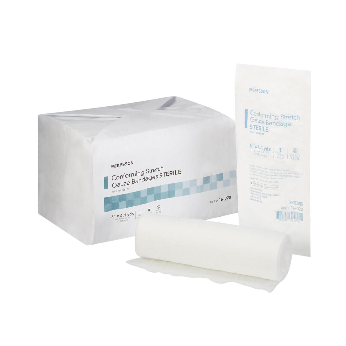 A package of McKesson Gauze Conforming Bandage, 6 in x 4.1 yds, is shown beside a single sterile rolled bandage and its wrapper. The white packaging features blue and gray text with the McKesson brand name.