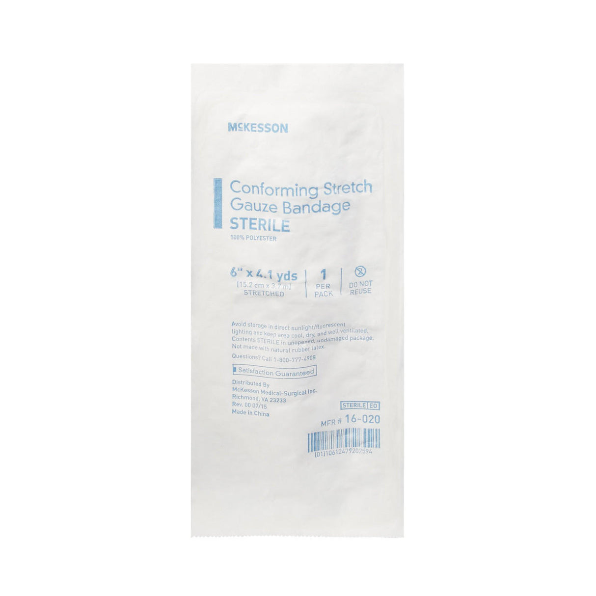 A sealed McKesson Gauze Conforming Bandage, 6 in x 4.1 yds roll, sterile single pack, features product details and instructions printed on the front.