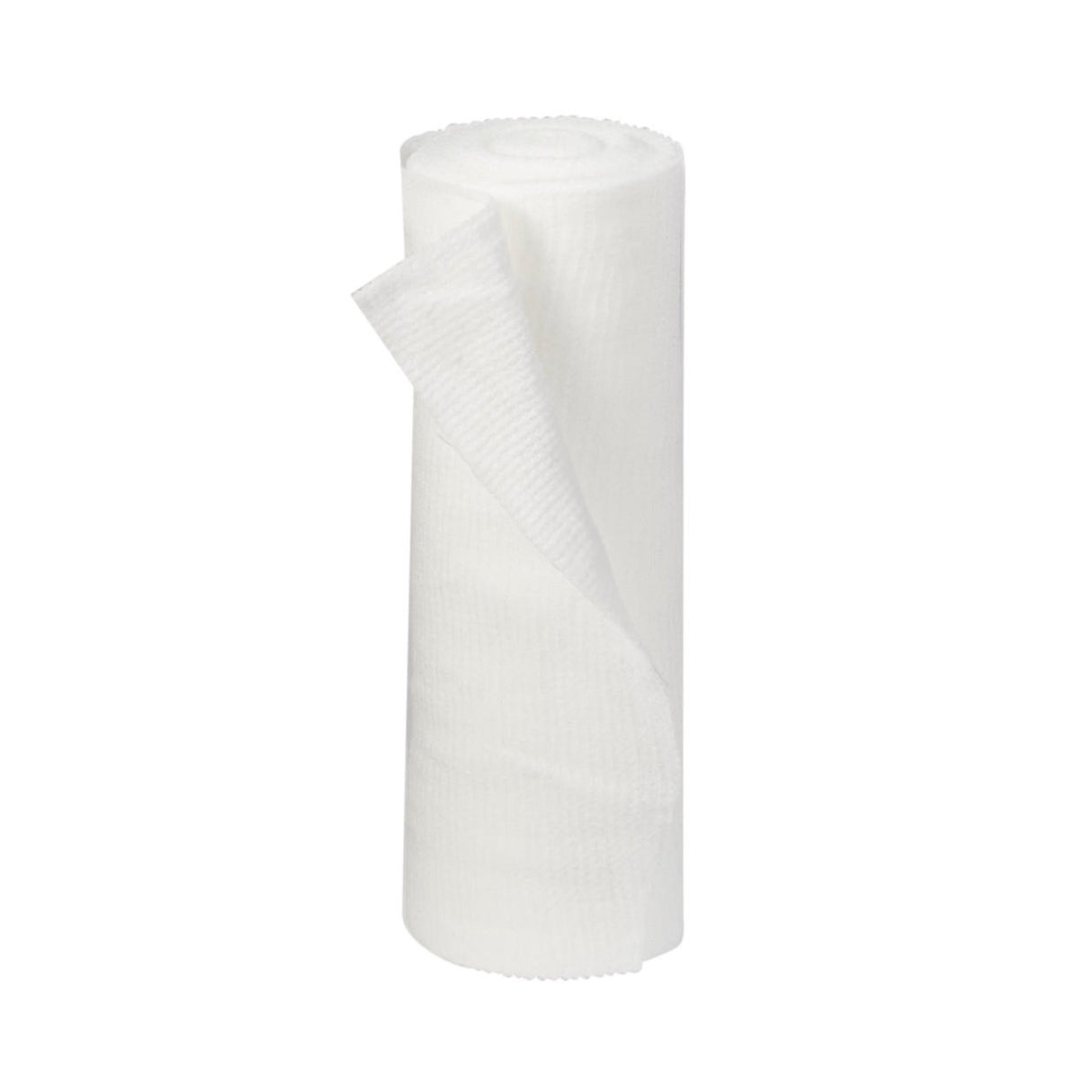 A McKesson Gauze Conforming Bandage, 6 in x 4.1 yds, sterile roll stands upright with one edge partially unrolled on a plain white background.