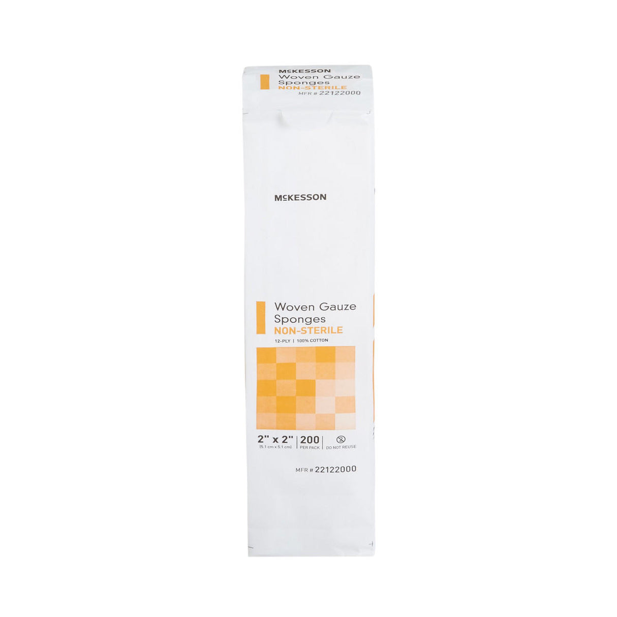 A white package of McKesson Gauze Sponge, 12-Ply, 2x2 Inch Square, Non-Sterile, contains 200 sponges. The packaging displays orange and yellow squares and product details, making it ideal for wound dressing.