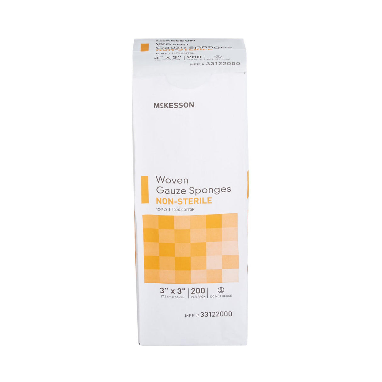 A white package labeled McKesson Gauze Sponge, 12-Ply, 3x3 Inch Square, Non-Sterile, features an orange checkered design and black and orange text with product details for wound dressing.