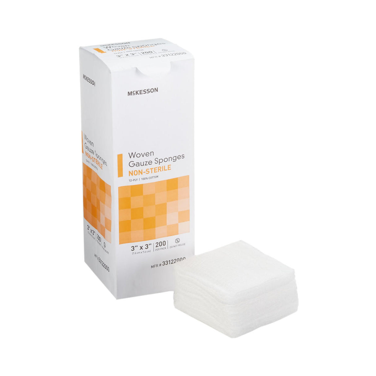 A box of McKesson Gauze Sponge, 12-ply, 3x3 inch non-sterile squares, 200 count, shown with a stack of white gauze pads—ideal for wound dressing.