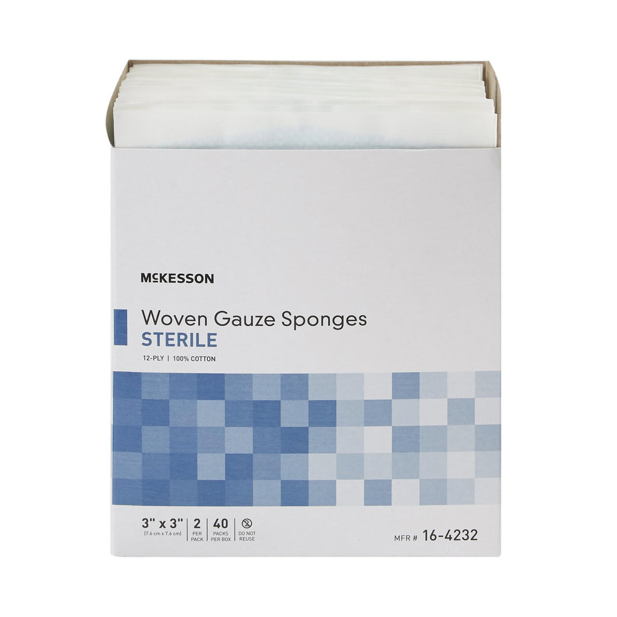 McKesson Gauze Sponge, 12-ply, 3x3 inch sterile squares—ideal for wound dressing. Each box contains two packs of 40 sponges. Features blue square-patterned packaging with product details.