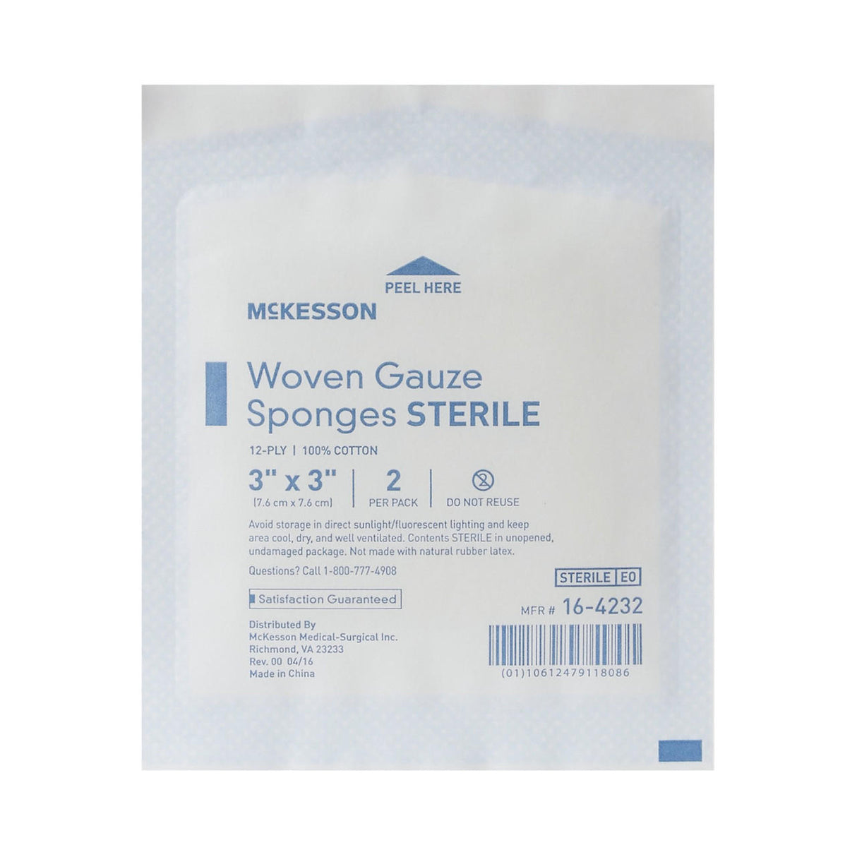 Front of a McKesson Gauze Sponge package, 12-ply, 3x3 inch sterile squares. Contains 2 cotton sponges per pack. The package displays product info, usage instructions, and a barcode. Brand: McKesson.