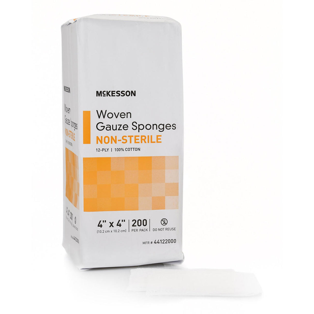A package of McKesson Gauze Sponge, 12-ply, 4x4 inch square, non-sterile, is shown with 200 count in white and orange packaging and one pad displayed in front—ideal for wound dressing.