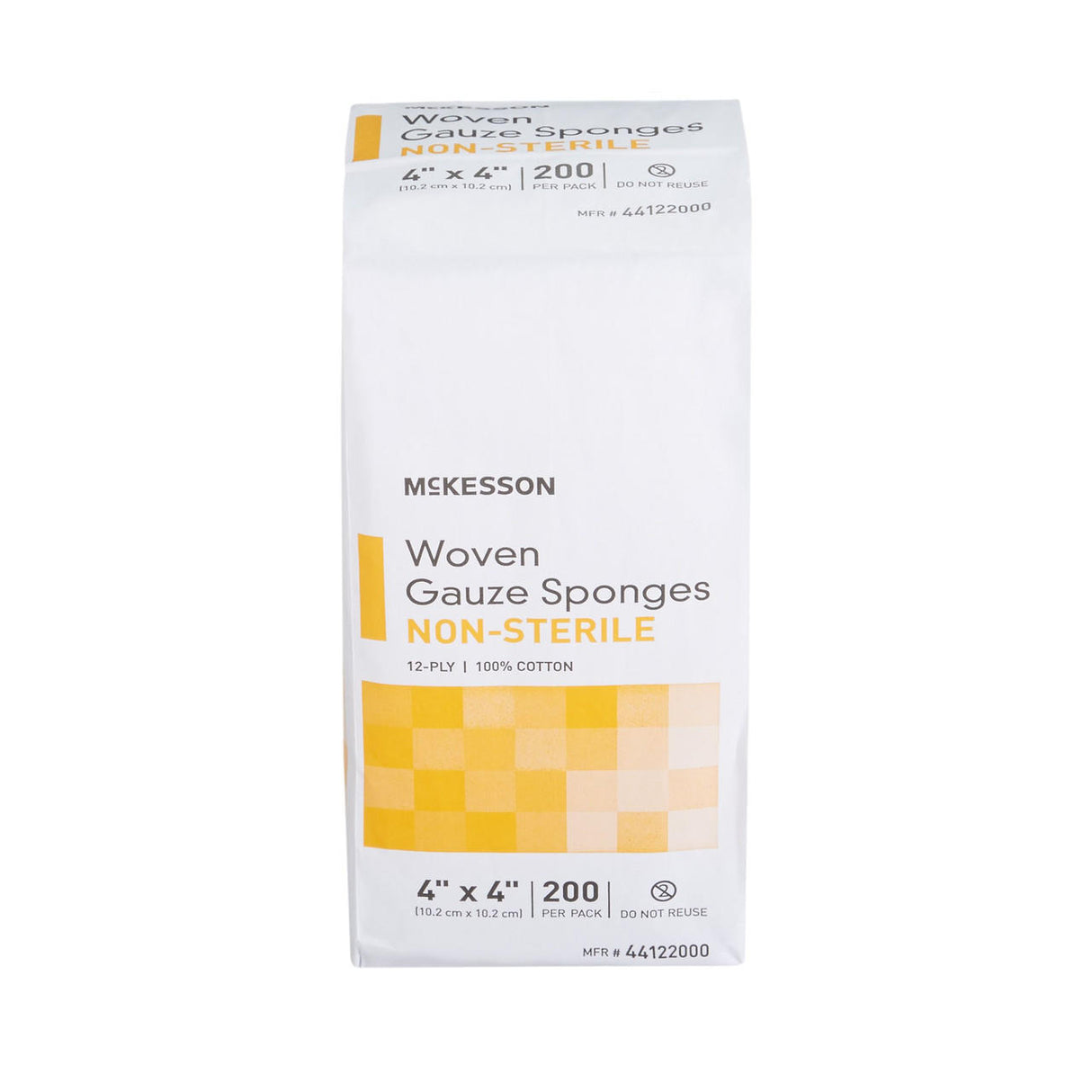 A white pack of McKesson Gauze Sponge, 4x4 inch, non-sterile, 12-ply, 100% cotton; contains 200 pads per pack and features orange and yellow checkered accents on the lower half. Ideal for wound dressing.