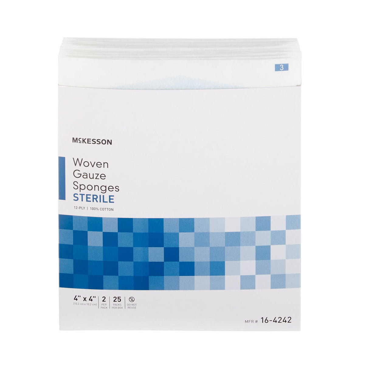 McKesson Gauze Sponge, 12-ply, 4x4 inch, sterile, pack of 25. Made from 100% cotton and ideal for wound dressing. The package features a blue pixelated design at the bottom. Brand: McKesson.