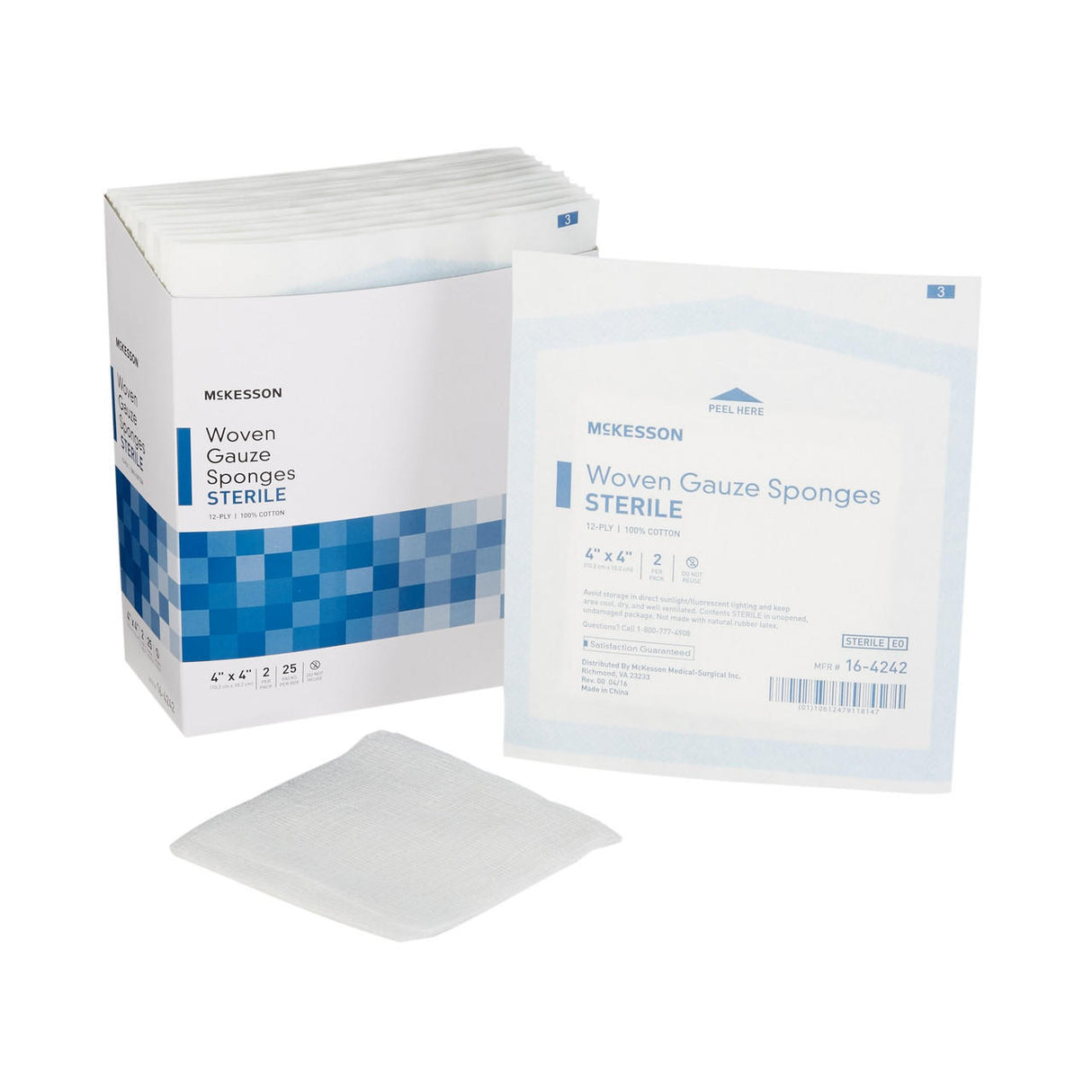 A box of McKesson Gauze Sponge, 12-ply, 4x4 inch sterile pads is shown with one unopened packet and a single gauze sponge displayed outside the packaging on a white background.