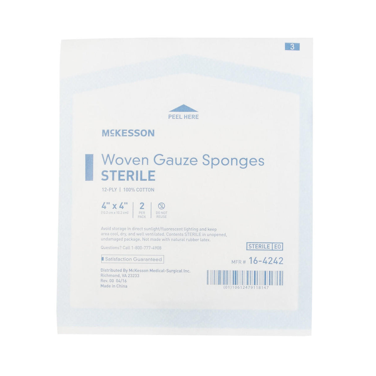 A package of McKesson Gauze Sponge, 12-ply, 4x4 inch sterile cotton squares. Contains 2 sponges for wound dressing, easy peel-open instructions, and detailed product info on the package. Brand: McKesson.