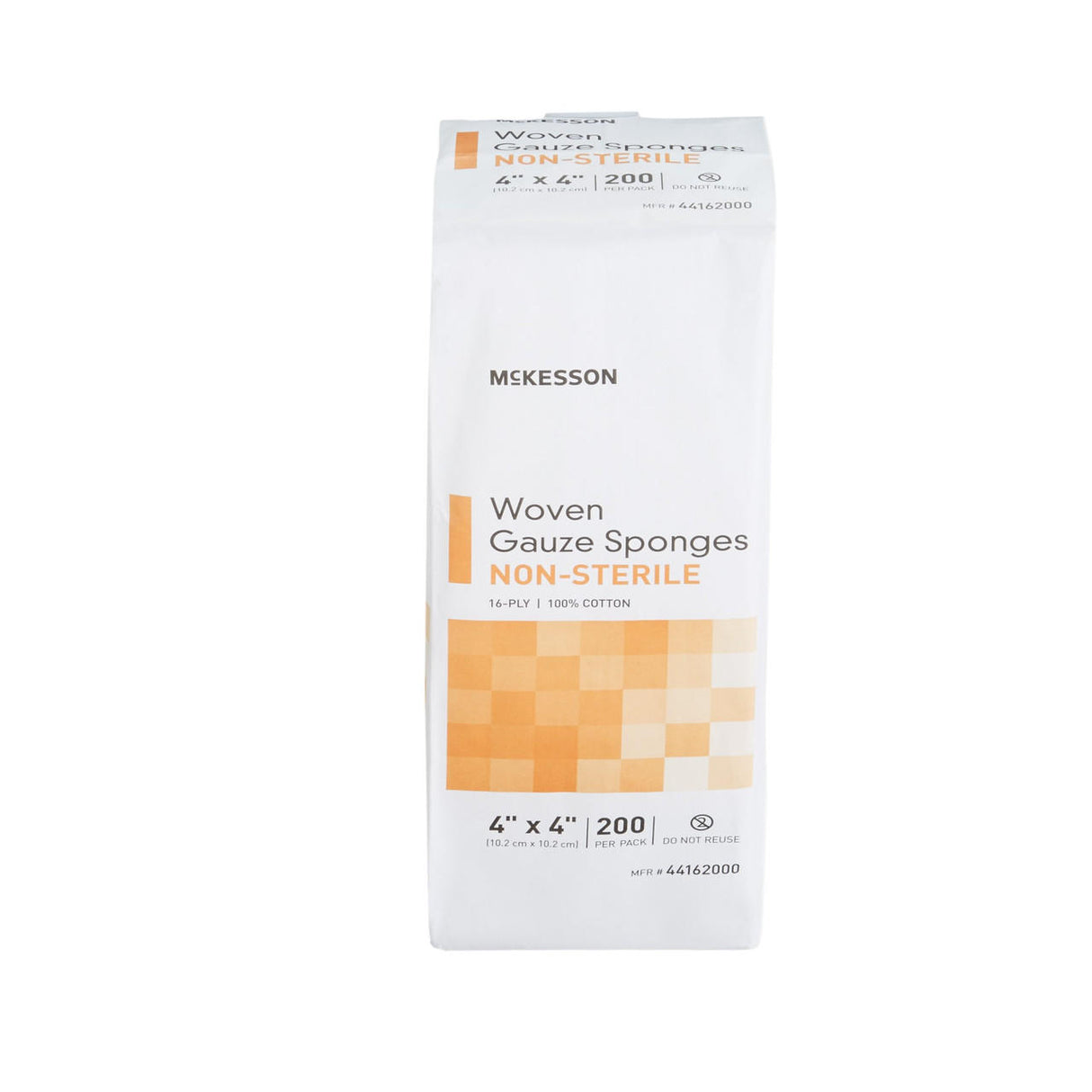 A white package of McKesson Gauze Sponge, 16-ply, 4x4 inch square, non-sterile, 100% cotton, 200 count, features orange and gray text and a checkered design on the front. Ideal for wound dressing.