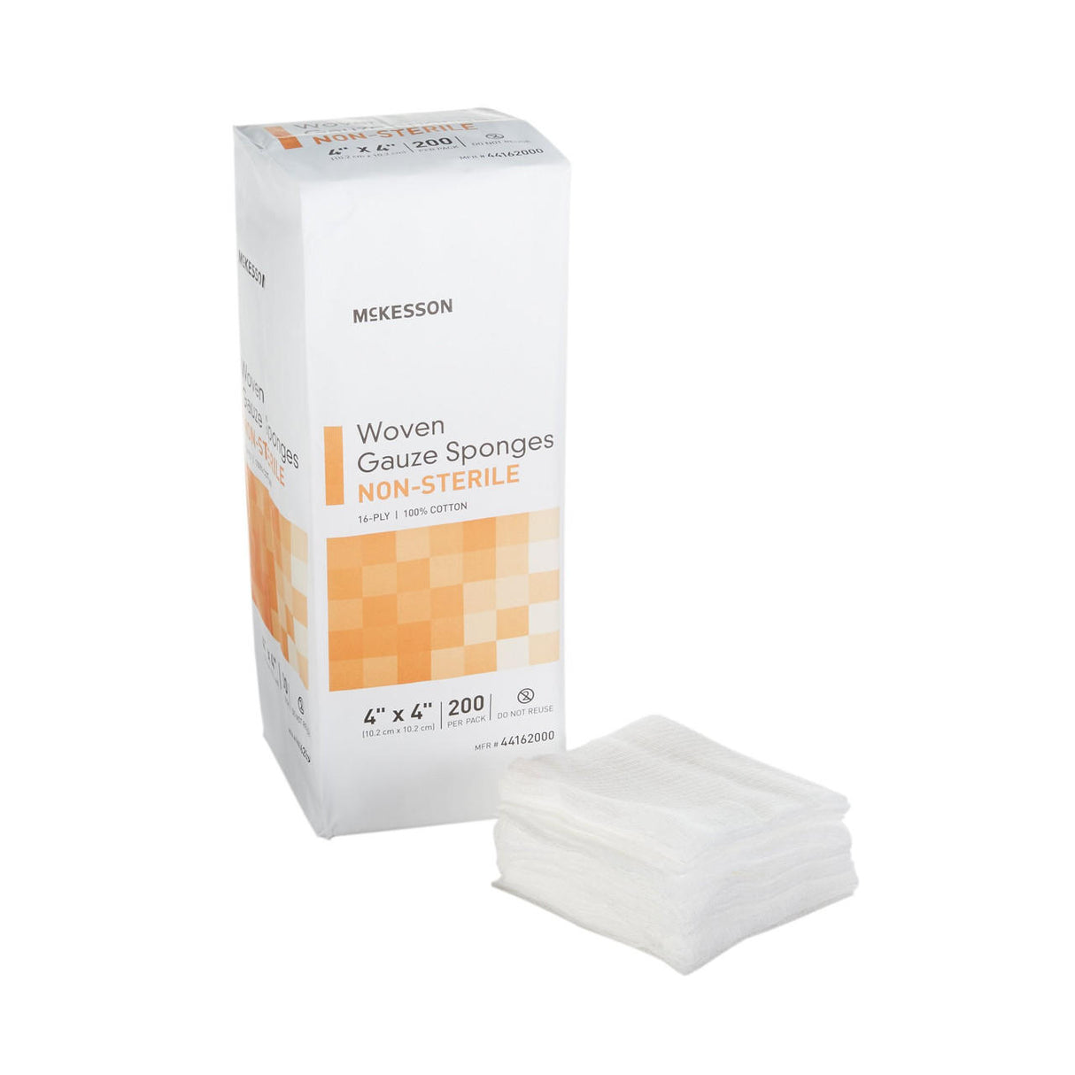 A package of McKesson Gauze Sponge, 16-ply, 4x4 inch non-sterile squares (200 count), appears beside a stack of cotton gauze pads. The white packaging with orange accents highlights its wound dressing purpose.