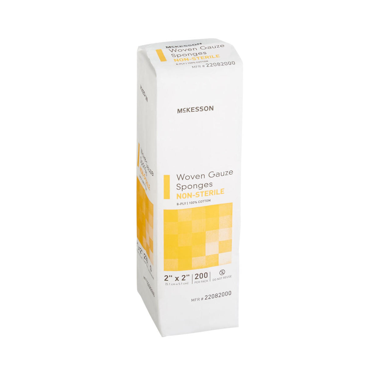A box of McKesson Gauze Sponge, 8-ply, 2x2 inch square, non-sterile—200 count. The white box has yellow checkered accents and product info on the front. Ideal as a wound dressing. Brand: McKesson.