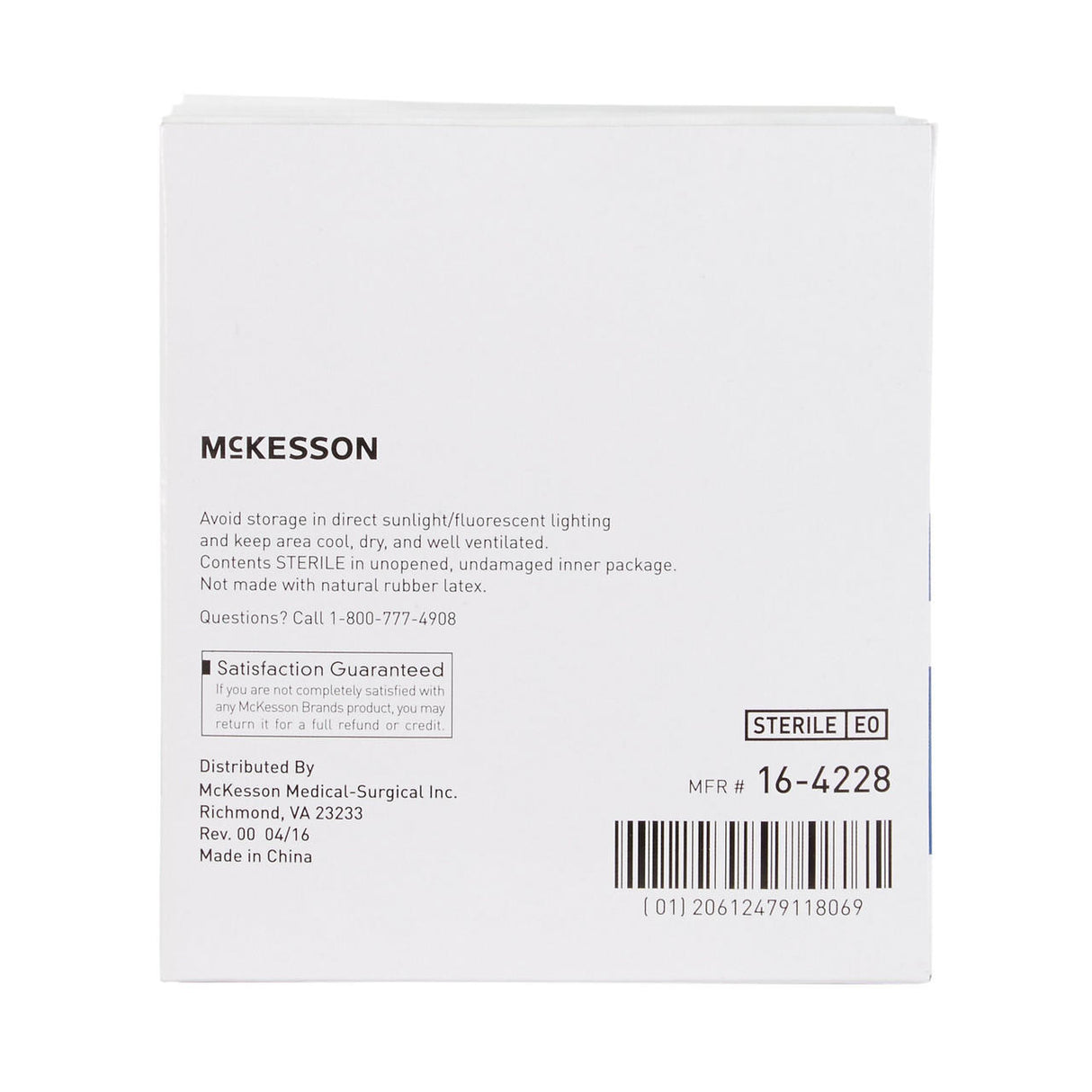 Back of McKesson Gauze Sponge, 8-Ply, 2x2 Inch Sterile box shows storage instructions, sterilization method, satisfaction guarantee, distributor info, product code, barcode, and manufacturer reference number.