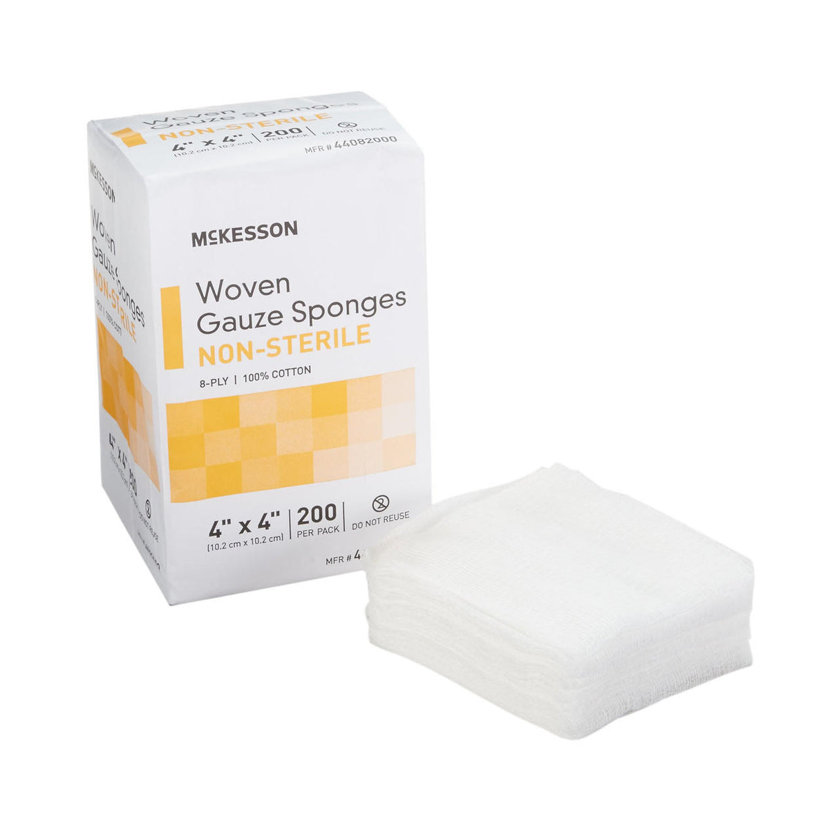 A box of McKesson Gauze Sponge, 8-Ply, 4x4 Inch Square, Non-Sterile contains 200 sponges—100% cotton and ideal for general wound care.