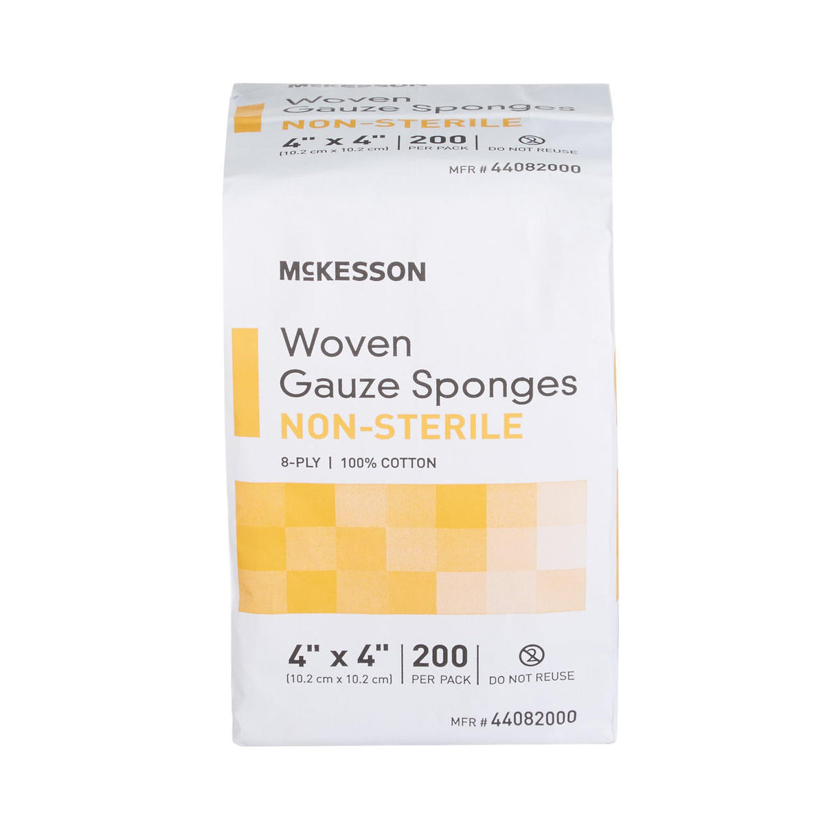 A white pack of McKesson Gauze Sponge, 8-ply, 4x4 inch square, non-sterile, 100% cotton pads (200 count), with yellow and orange design elements for wound dressing. Brand: McKesson.