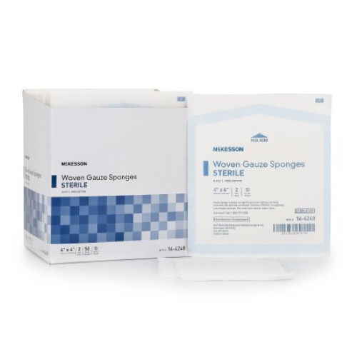 A white and blue box labeled McKesson Gauze Sponge, 8-Ply, 4x4 Inch Square, Sterile sits beside an individual sterile sponge package. Both are McKesson brand gauze pads, ideal for cotton wound dressing or as sterile pads.