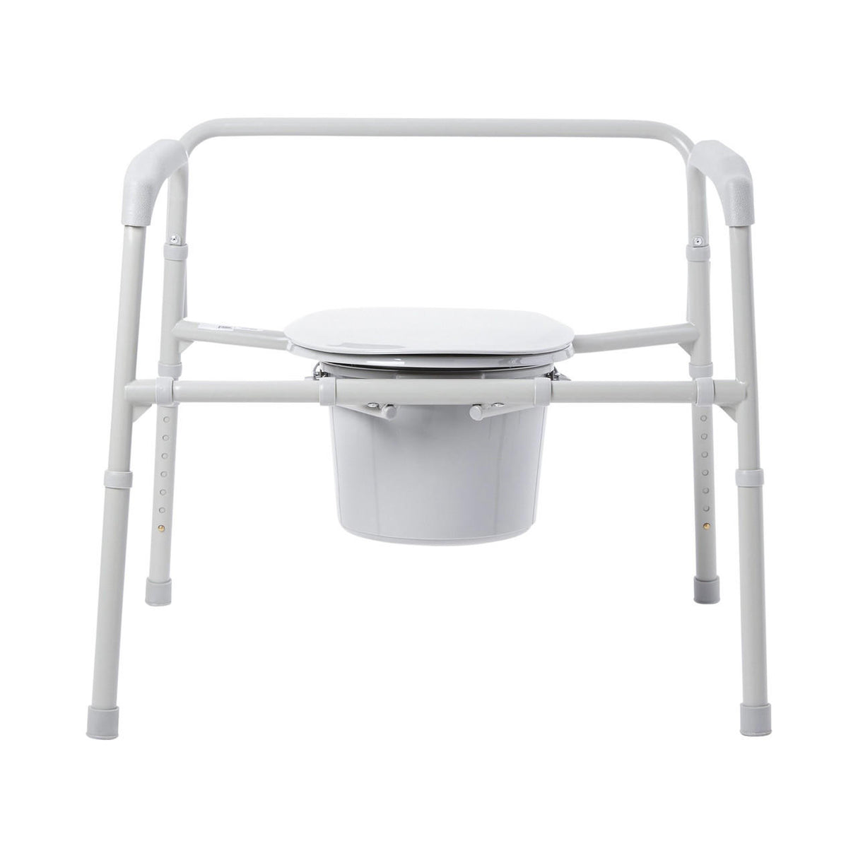 The McKesson Heavy-Duty Folding Bariatric Commode features a white frame, adjustable legs, armrests, and a removable 12 QT bucket beneath a closed toilet seat.
