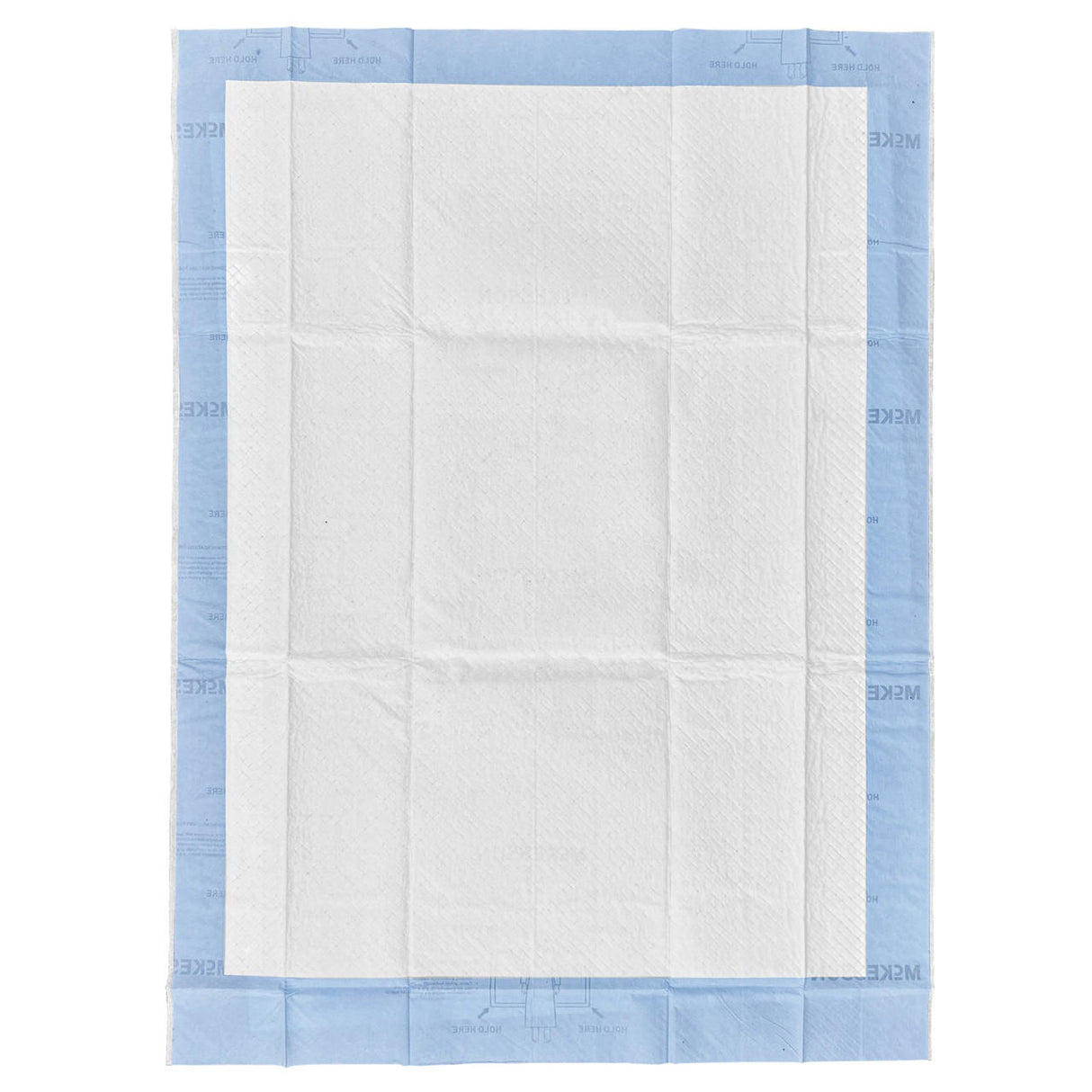 The McKesson Heavy-Duty Repositioning Underpad by McKesson features a white absorbent core and blue waterproof border, designed for reliable incontinence protection and repositioning support.