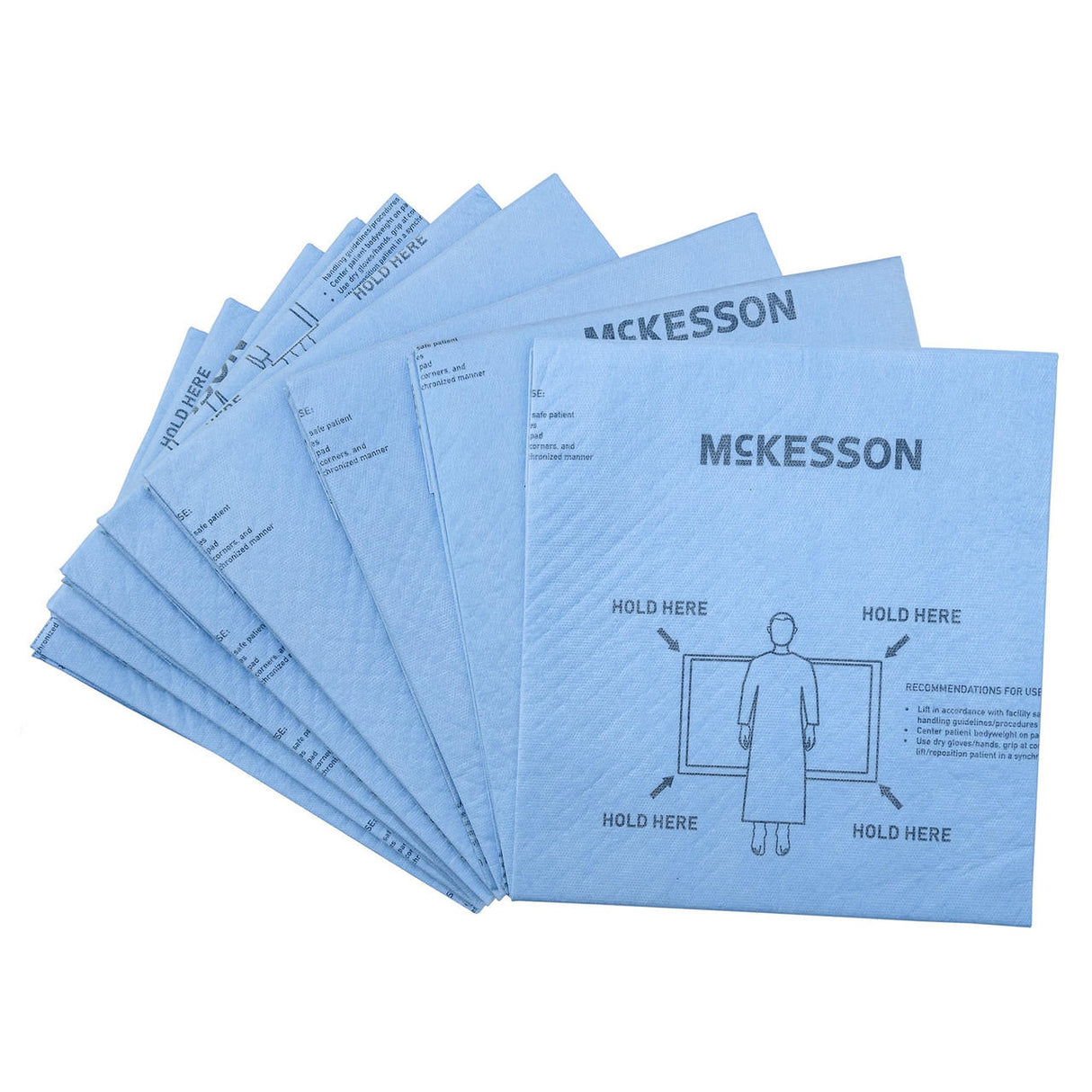 A stack of McKesson Heavy-Duty Repositioning Underpads, each with printed instructions and illustrations, featuring an absorbent core for added incontinence protection.