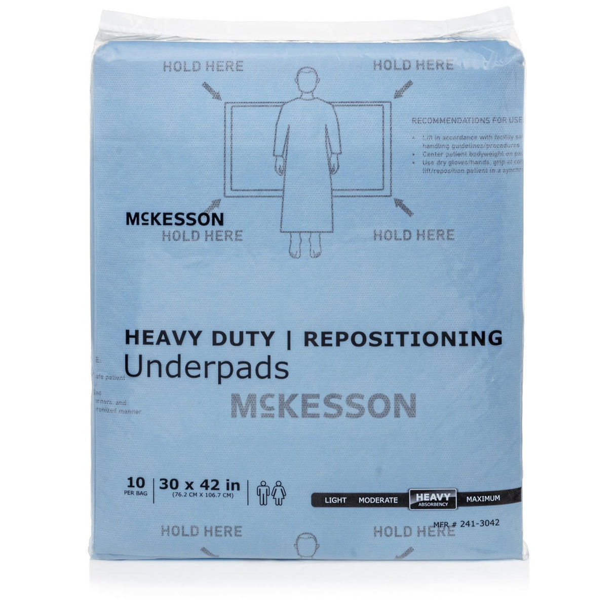 A 10-pack of McKesson Heavy-Duty Repositioning Underpads, each measuring 30 x 42 inches with an absorbent core for incontinence protection. Blue packaging features the McKesson brand and product details with helpful illustrations on the front.