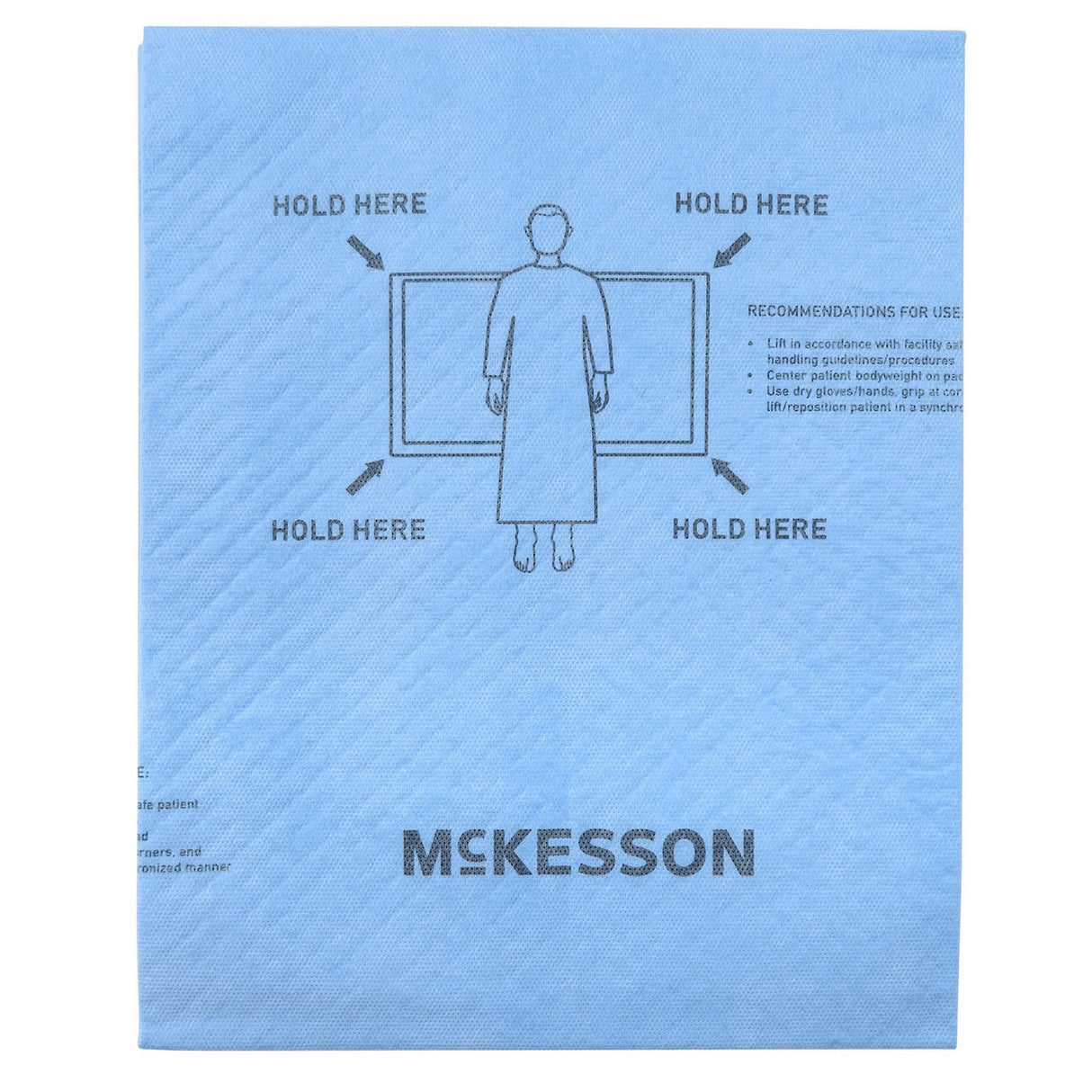 McKesson Heavy-Duty Repositioning Underpads: Blue surgical drape with black printed instructions, figure in gown, boxed area, three HOLD HERE labels, usage tips, and McKesson branding—ideal for procedures needing absorbent incontinence protection.