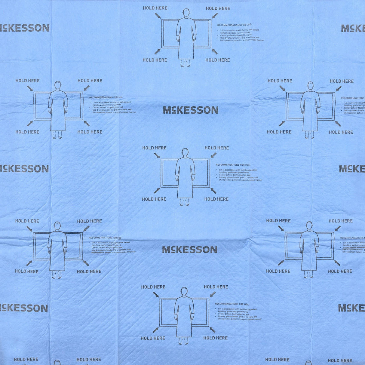 McKesson Heavy-Duty Repositioning Underpads feature an absorbent core for superior incontinence protection. The blue sheet displays repeated images of a person holding a rectangular object, with usage instructions printed in small text.