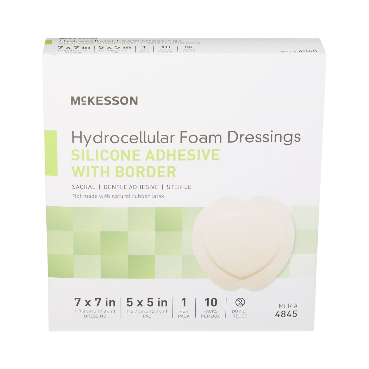 McKesson Hydrocellular Foam Dressing with Silicone Adhesive Border, Sacral, Sterile, 7" x 7" Dressing, 5" x 5" Pad - 4845-Single - LL Medico