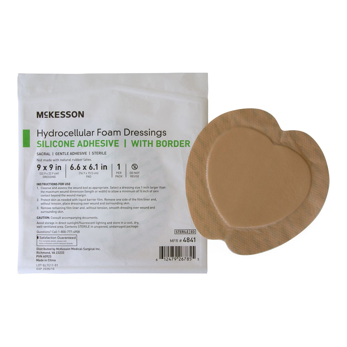 McKesson Hydrocellular Foam Dressing with Silicone Border, Sterile, Sacral, 9 x 9 In - 4841-Single - LL Medico