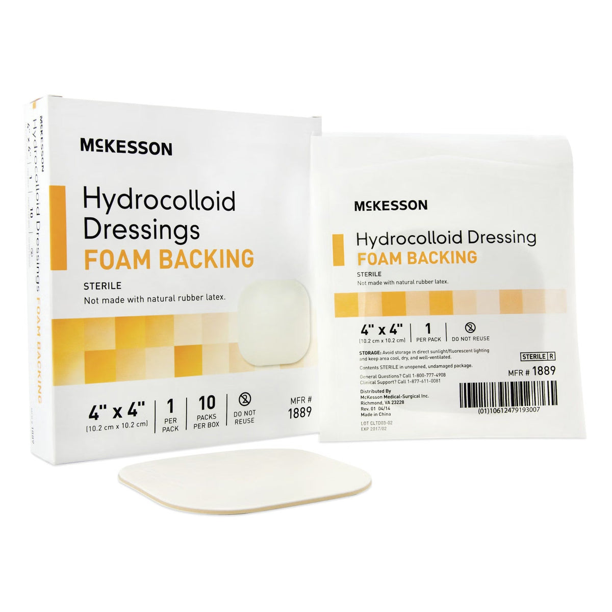 McKesson Hydrocolloid Dressing with Foam Backing, Sterile, 4" x 4" - 1889-Single - LL Medico