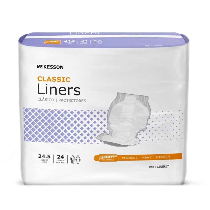 A package of McKesson Incontinence Liners, Light, features a white and purple design with a liner illustration. It includes an acquisition layer, measures 24.5 inches long, contains 24 unisex liners, and offers light absorbency.