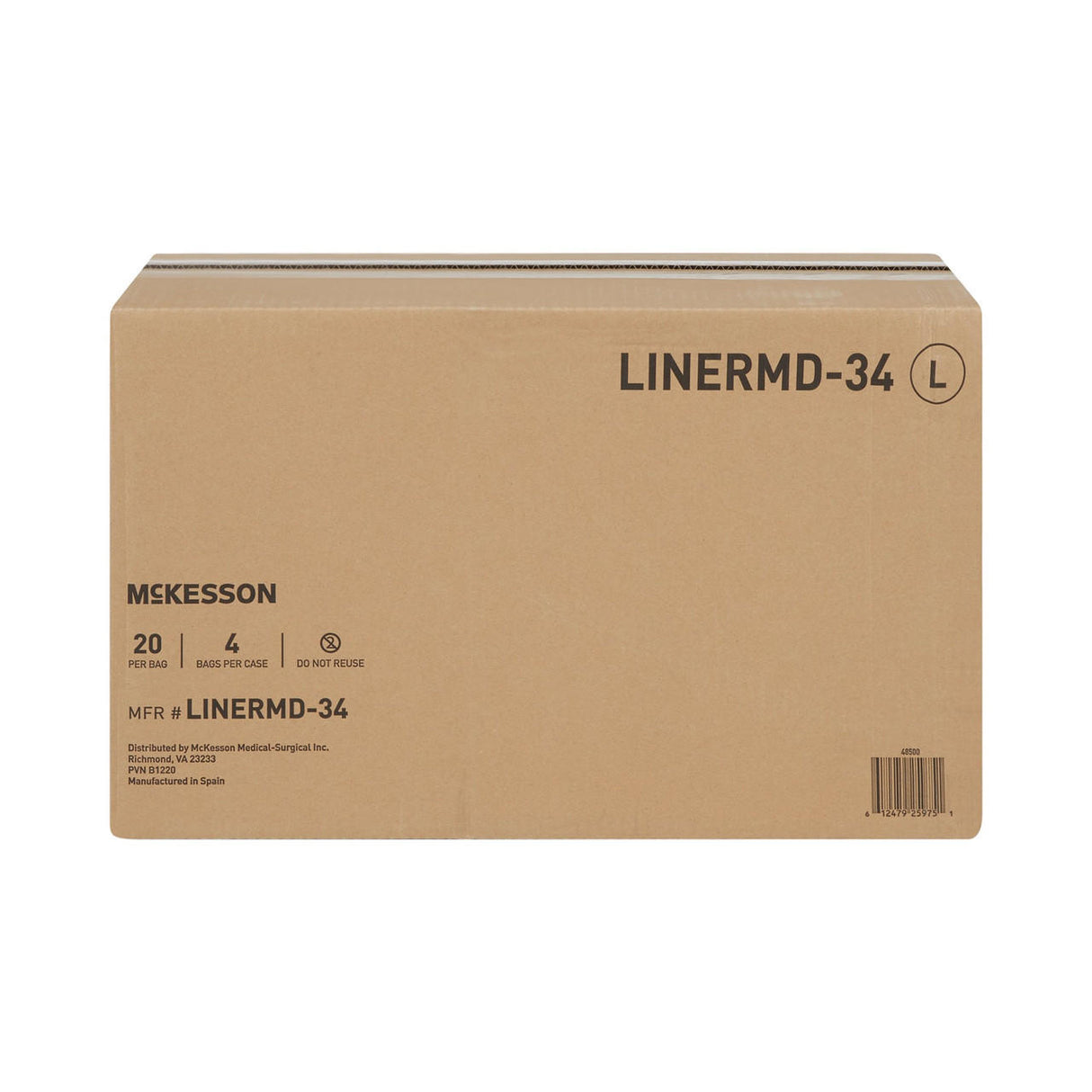 A brown box labeled McKesson Incontinence Liners, Regular contains 20 liners per bag, 4 bags per case. Marked “Do not reuse,” it offers moderate absorbency for leak protection. Other details and a barcode appear on the front.