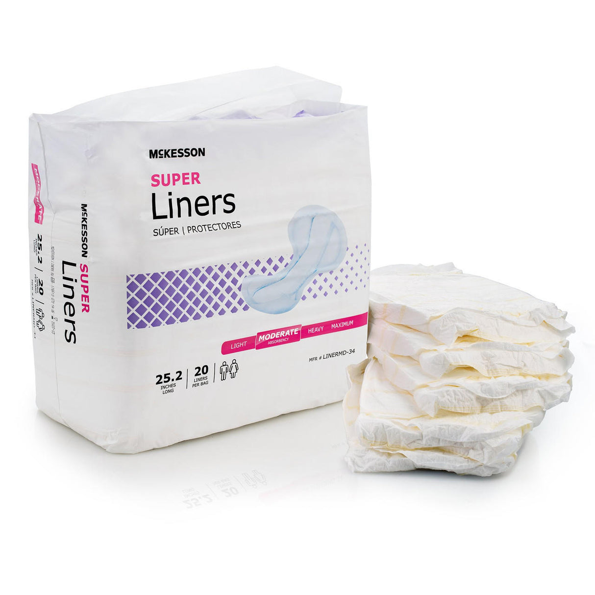 A package of McKesson Incontinence Liners, Regular by McKesson is shown beside a stack of five white, unfolded liners. The packaging states there are 20 liners per pack, designed for moderate absorbency and reliable leak protection.