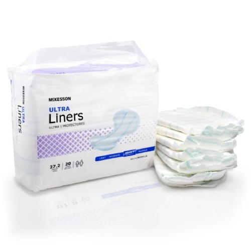 A package of McKesson Incontinence Liners, Ultra sits beside individual liners on a white surface. The white packaging features blue and purple graphics, emphasizing ultra absorbent leak protection for confident wear.