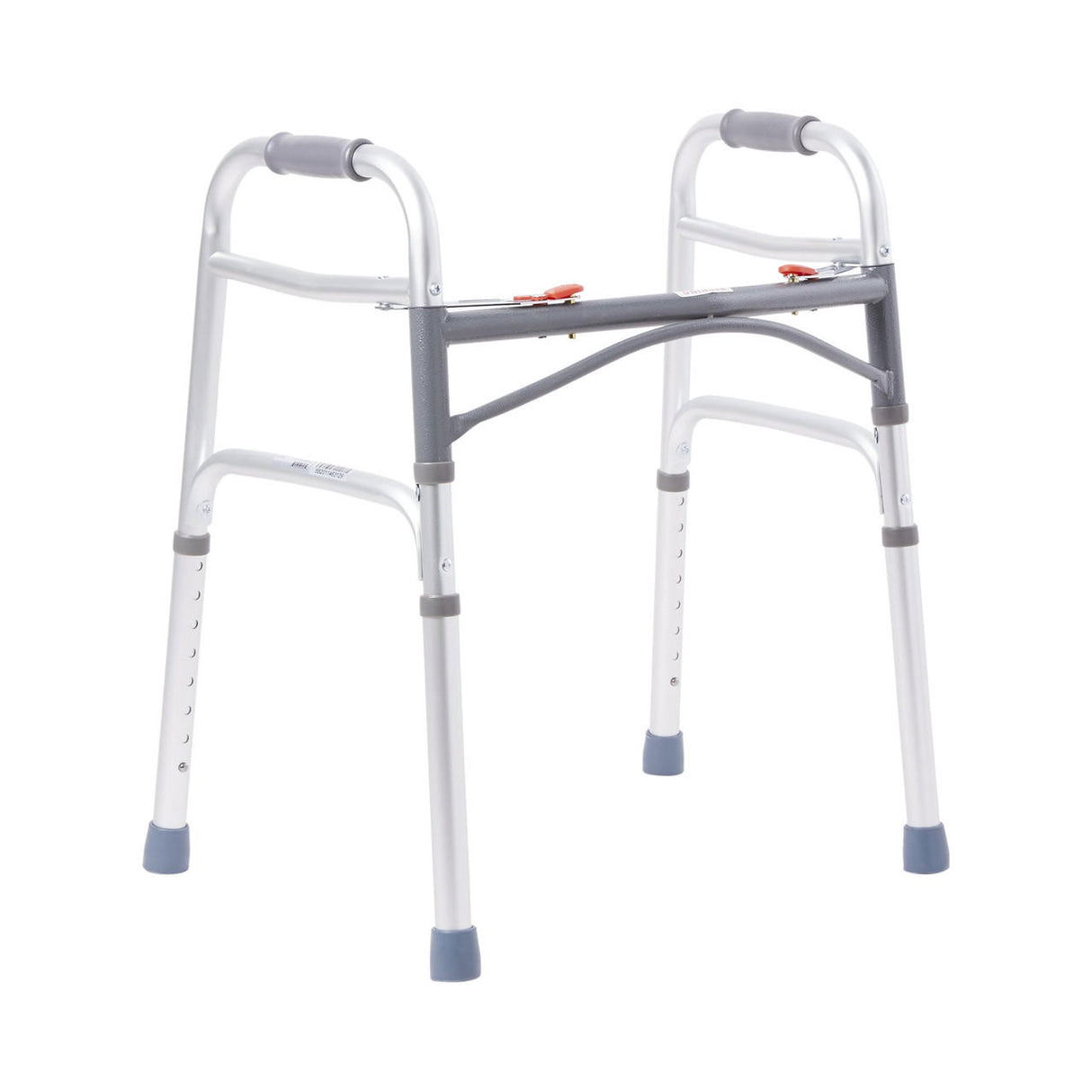 The McKesson Junior Aluminum Folding Walker is a lightweight, portable walker with four adjustable legs, gray rubber tips, and two gray handles for support and stability.