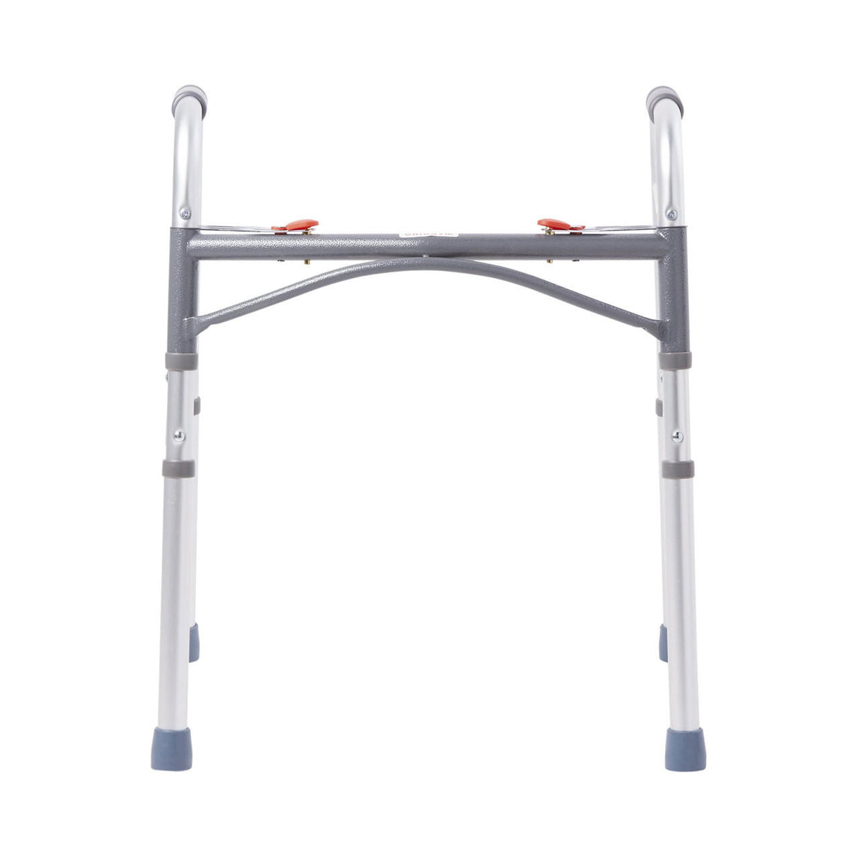 A front view of the McKesson Junior Aluminum Folding Walker, a lightweight, adjustable-height mobility aid by McKesson with four legs, grey hand grips, and blue rubber tips.