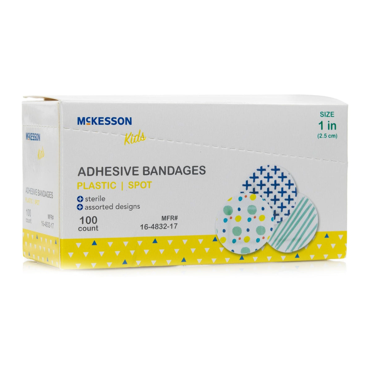 McKesson Kids Adhesive Spot Bandages, Sterile, Plastic, Assorted Prints, 1" - 16-4832-17-Box - LL Medico