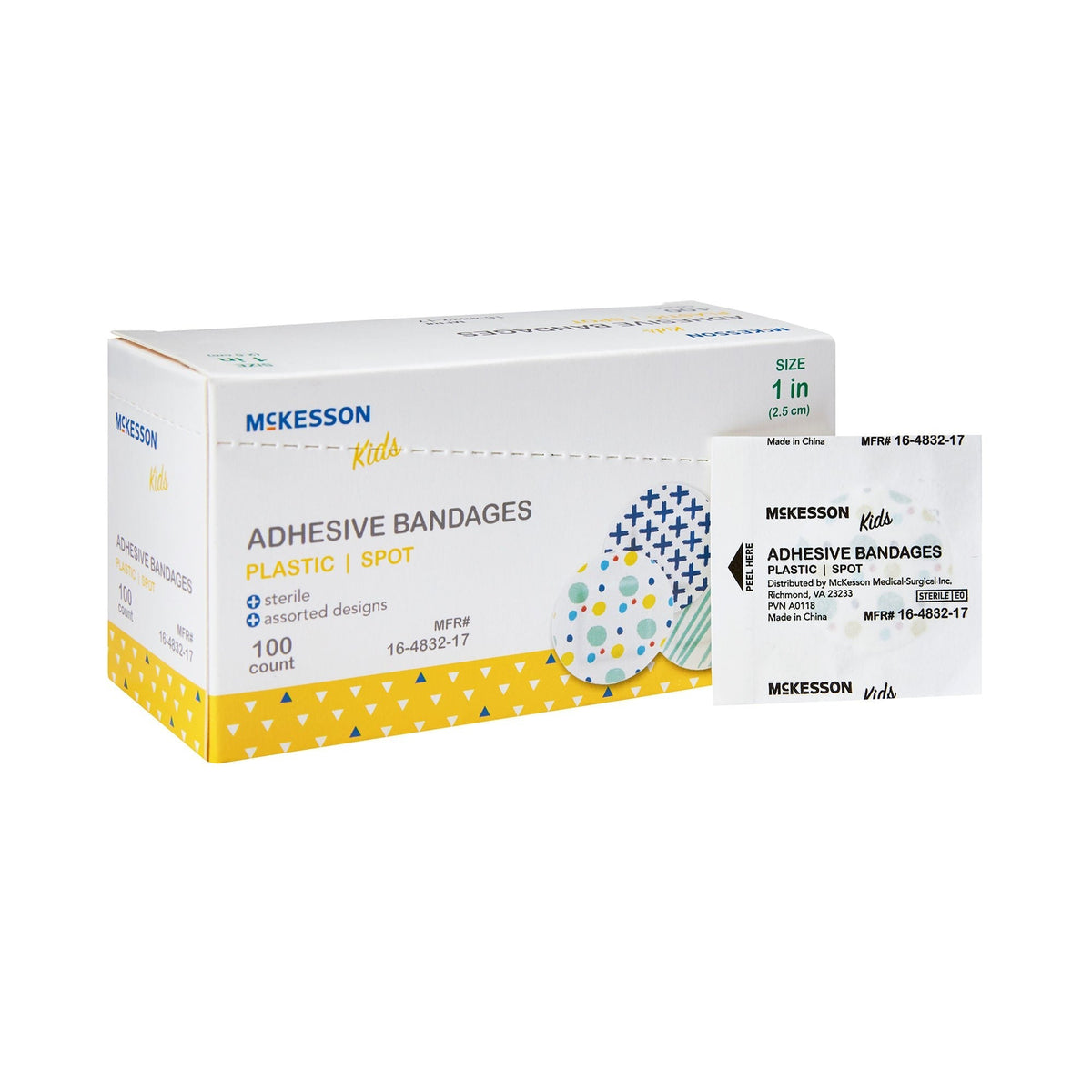 McKesson Kids Adhesive Spot Bandages, Sterile, Plastic, Assorted Prints, 1" - 16-4832-17-Box - LL Medico