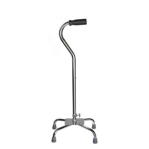 The McKesson Large Base Quad Cane (29 to 37.5 Inch Height) features a silver frame with four rubber-tipped legs and a black handle, offering adjustable height for user comfort and stability while walking.