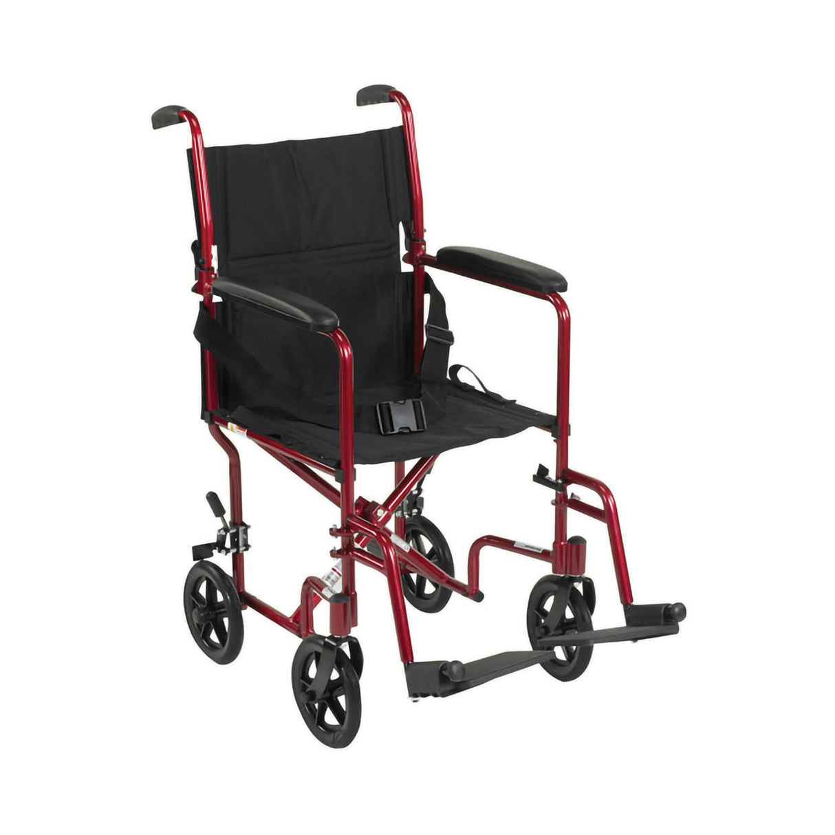 The McKesson Lightweight Red Aluminum Transport Chair features a red frame, black seat, armrests, footrests, four small wheels, and back handles for easy pushing. Brand: McKesson.