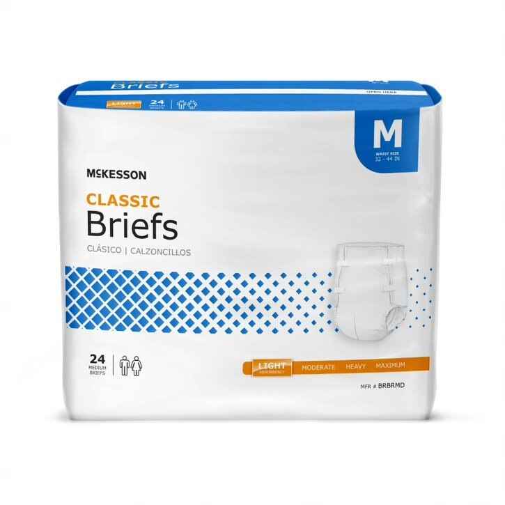 A 24-pack of McKesson Adult Briefs, Lite, unisex, size Medium (32–44 waist), with light absorbency and odor control. Packaging is mainly white with blue and orange accents.
