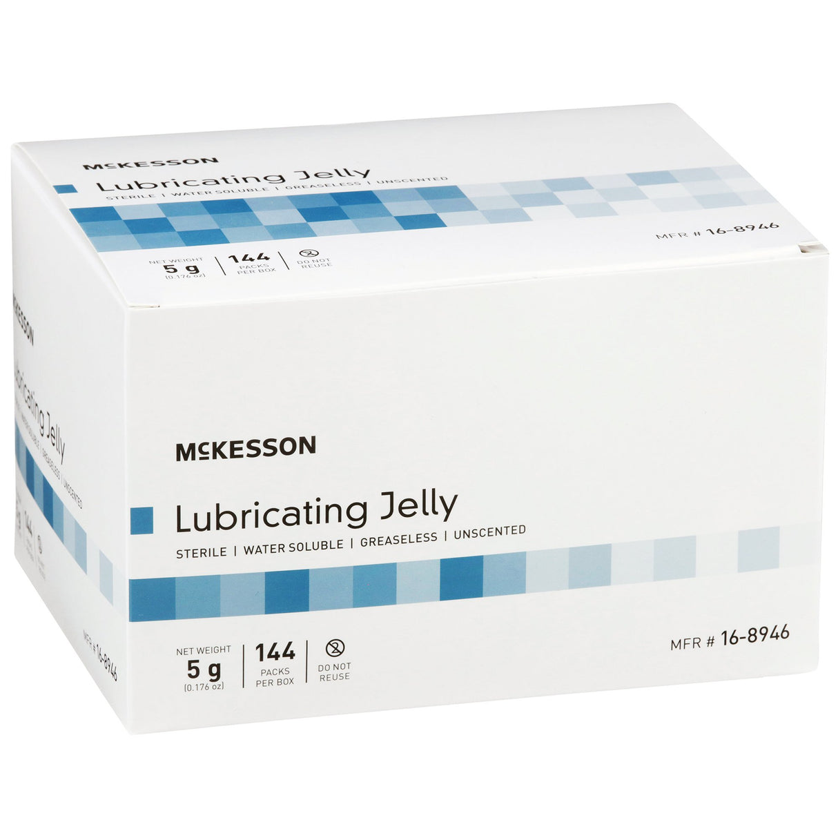 A white box of McKesson Lubricating Jelly, 5 Gram Individual Packets, sterile, water soluble, greaseless, and unscented. Includes 144 packets per box. Packaging features blue checkered accents. Brand: McKesson.