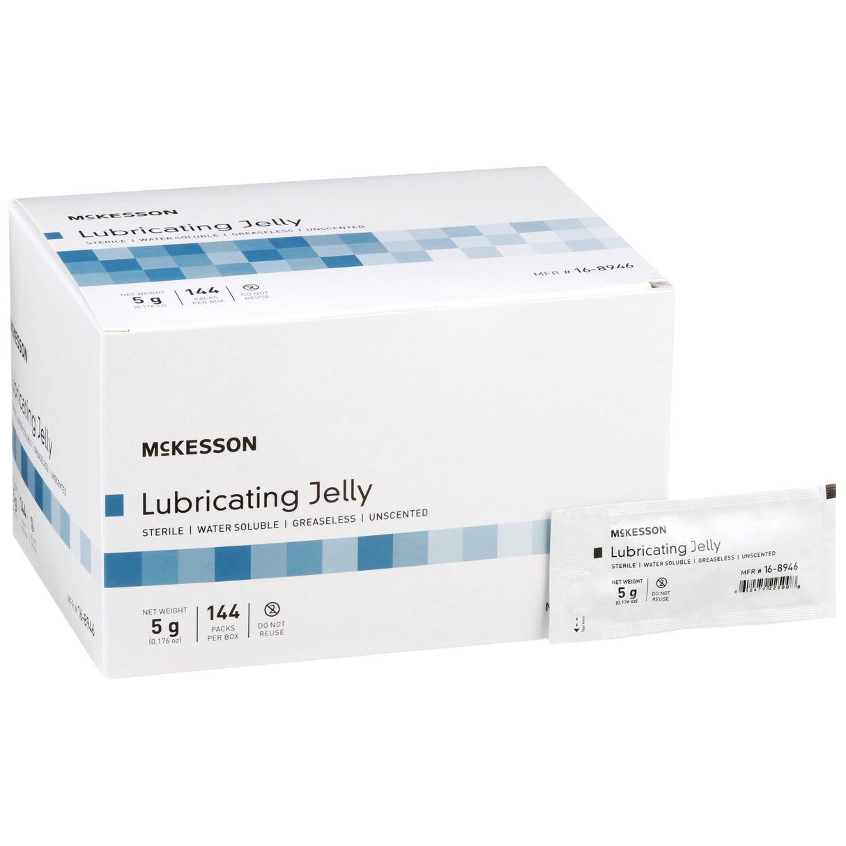 A white box labeled McKesson Lubricating Jelly, 5 Gram Individual Packets by McKesson, holds 144 sterile, unscented, water-based lubricant packets. One 5g packet of this jelly is shown in front of the box with blue accents.