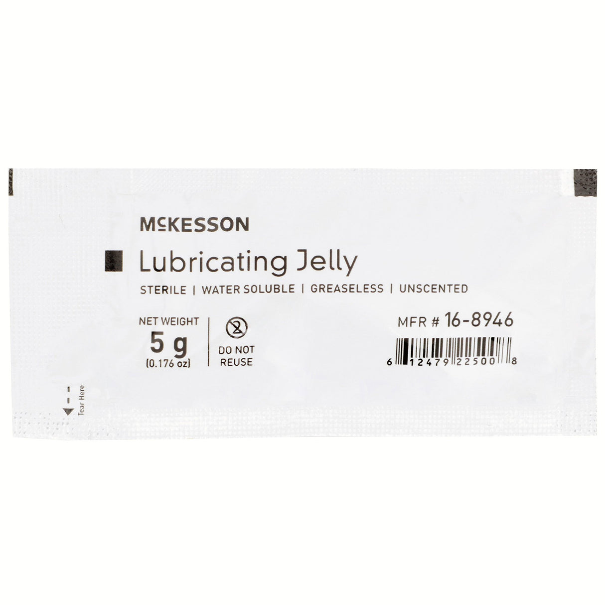 The McKesson Lubricating Jelly, 5 Gram Individual Packet, is a sterile, greaseless, unscented water-based lubricant. Label states “Do Not Reuse” and lists product code 16-8946. Brand: McKesson.