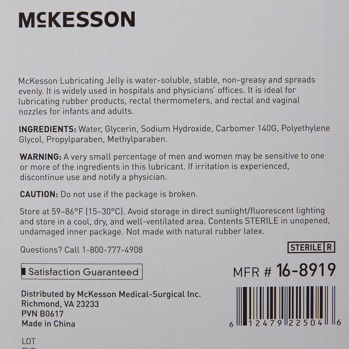 Product label for McKesson Lubricating Jelly, 4 Oz Flip Top Tube, non-irritating and water-based. Features ingredients, warnings, storage instructions, manufacturer info, satisfaction guarantee, barcode, serial numbers, and customer service phone. Black text on white background.