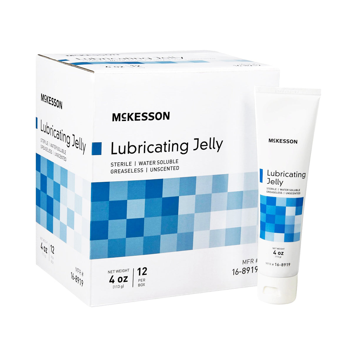 A white box and a tube of McKesson Lubricating Jelly, 4 oz flip top tube, water-based and unscented. Sterile, non-irritating, greaseless; blue checkered tube design; 12 tubes per box. Brand: McKesson.