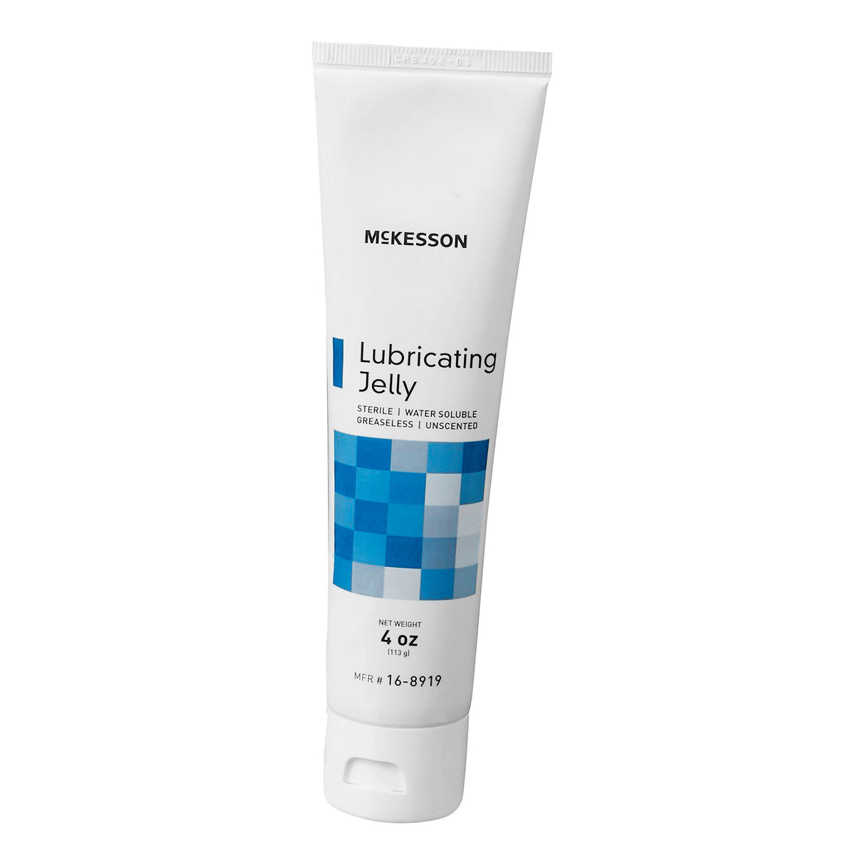 A white, 4 oz flip top tube of McKesson Lubricating Jelly featuring blue checkered design; this sterile, water-soluble medical lubricant is greaseless, unscented, and non-irritating.